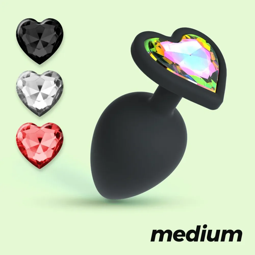 Cuore - Plug Anal con Cuatro Joyas Intercambiables - Mediano - Negro Heavy Loads